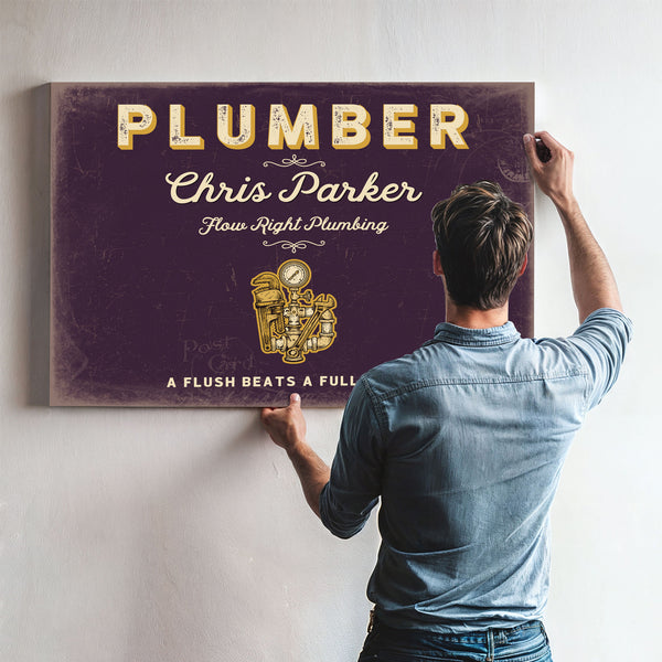 Personalized Plumber Sign, A Flush Beats a Full House, Plum & Mustard, image 9