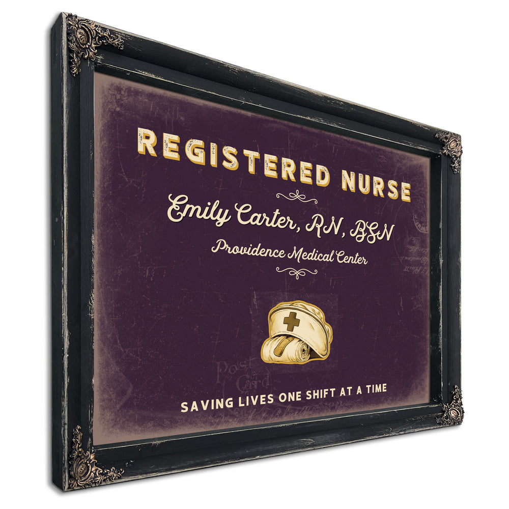 Personalized Registered Nurse Sign, Saving Lives One Shift at a Time, Plum & Mustard, image 1