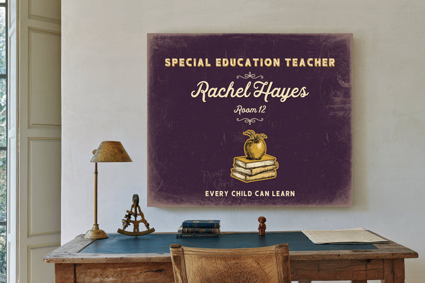 Personalized Special Education Teacher Sign, Every Child Can Learn, Plum & Mustard, image 2