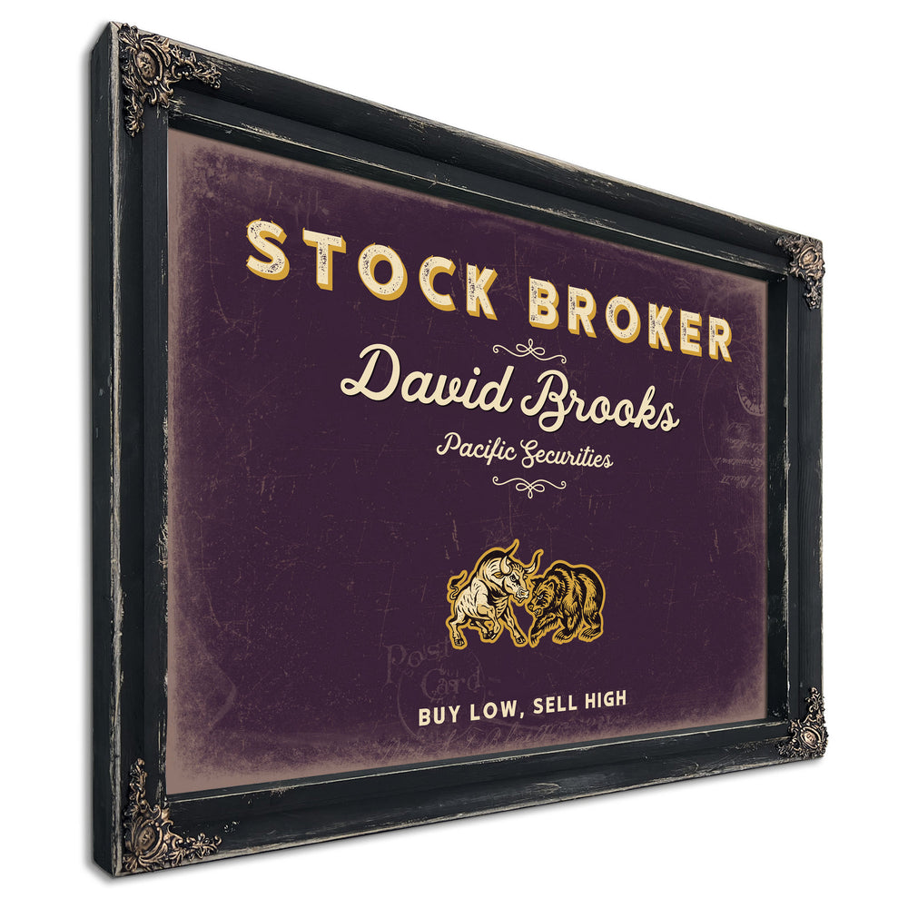 Personalized Stock Broker Sign, Buy Low, Sell High, Plum & Mustard, image 1