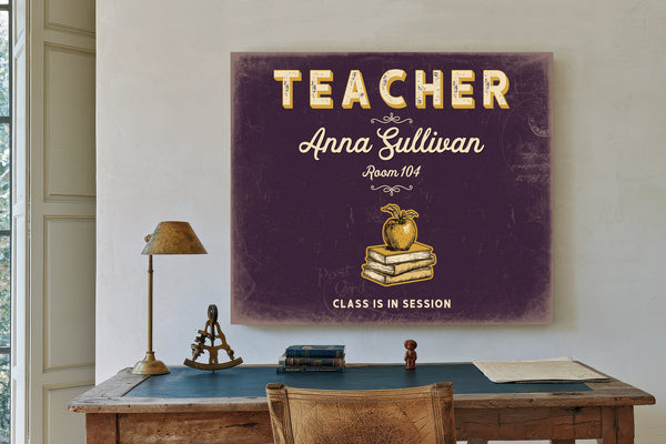 Personalized Teacher Sign, Class Is in Session, Plum & Mustard, image 2