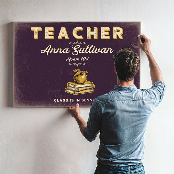 Personalized Teacher Sign, Class Is in Session, Plum & Mustard, image 9