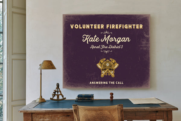 Personalized Volunteer Firefighter Sign, Answering the Call, Plum & Mustard, image 2