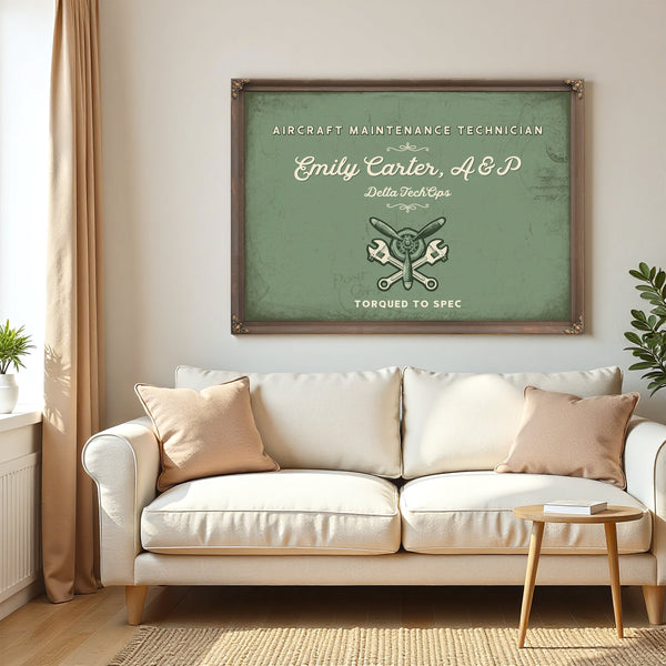 Personalized Aircraft Maintenance Technician Sign, Torqued to Spec, Sage & Forest, image 5