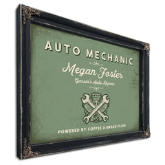 Personalized Auto Mechanic Sign, Powered by Coffee & Brake Fluid, Sage & Forest, image 1