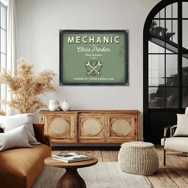 Personalized Mechanic Sign, Powered by Coffee & Brake Fluid, Sage & Forest, image 4