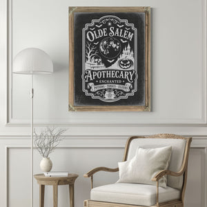 Olde Salem Apothecary Sign Halloween wall art in a styled room