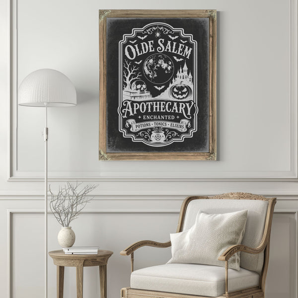 Olde Salem Apothecary Sign Halloween wall art in a styled room