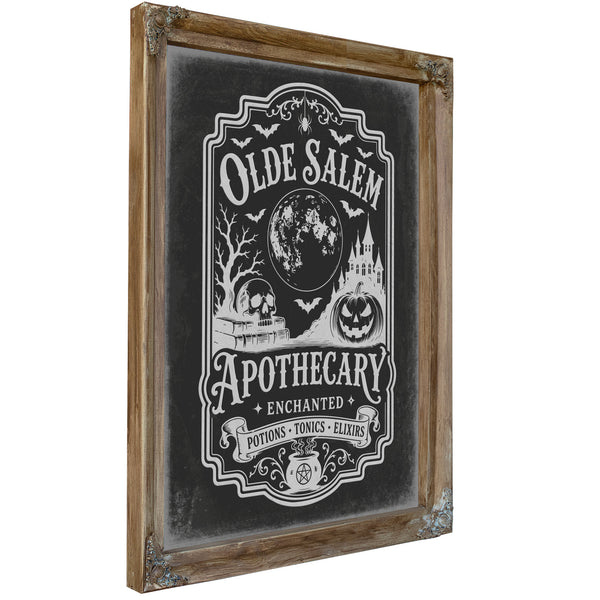 Olde Salem Apothecary Sign Halloween wall art, Verdigris frame