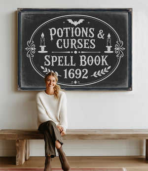 Potions and Curses Sign Halloween wall art in a styled room