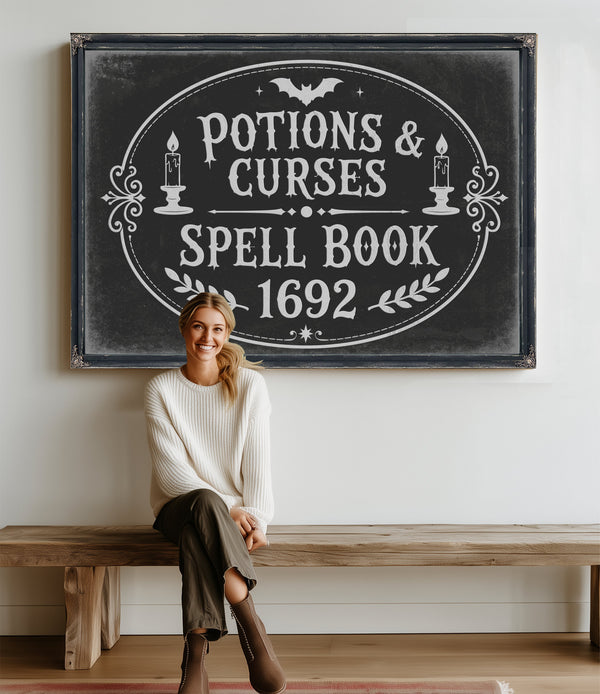 Potions and Curses Sign Halloween wall art in a styled room