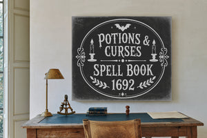 Potions and Curses Sign Halloween wall art in a styled room