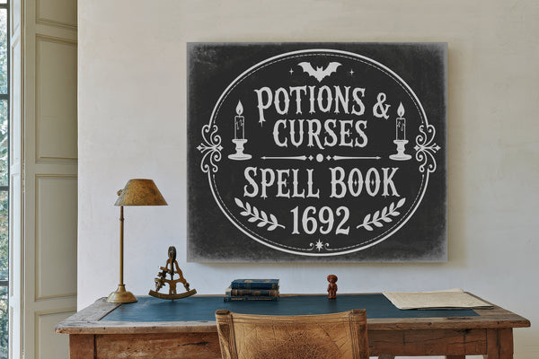 Potions and Curses Sign Halloween wall art in a styled room