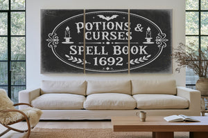 Potions and Curses Sign Halloween wall art in a styled room