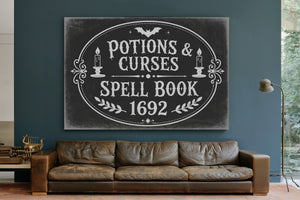 Potions and Curses Sign Halloween wall art in a styled room