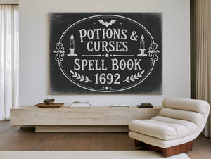 Potions and Curses Sign Halloween wall art in a styled room