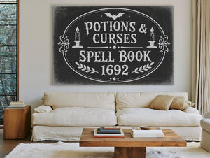 Potions and Curses Sign Halloween wall art in a styled room