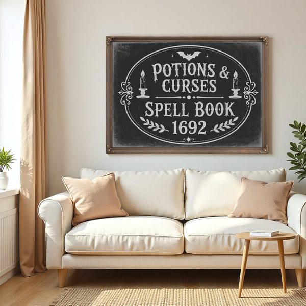 Potions and Curses Sign Halloween wall art in a styled room