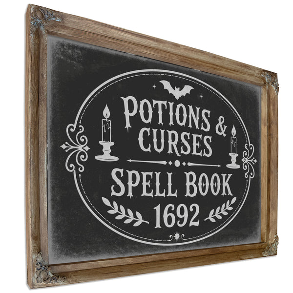 Potions and Curses Sign Halloween wall art, Verdigris frame