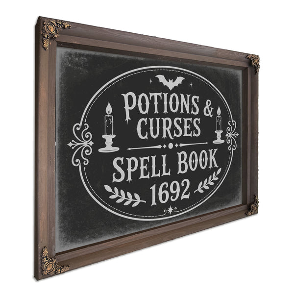Potions and Curses Sign Halloween wall art, Bourbon frame