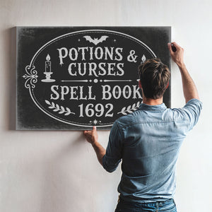 Potions and Curses Sign Halloween wall art in a styled room