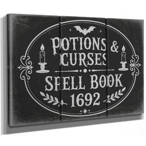 Potions and Curses Sign Halloween wall art in a styled room