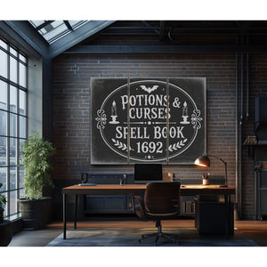 Potions and Curses Sign Halloween wall art in a styled room