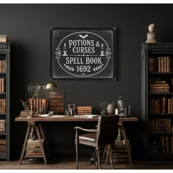 Potions and Curses Sign Halloween wall art in a styled room