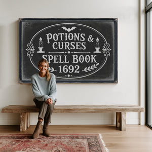 Potions and Curses Sign Halloween wall art in a styled room
