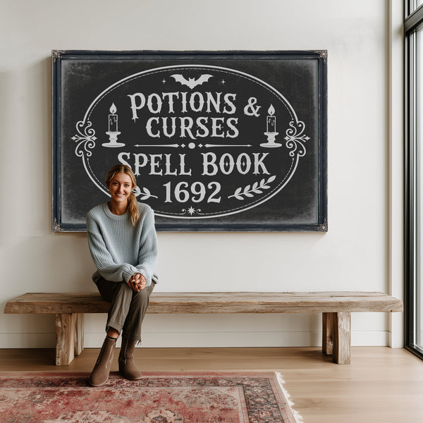 Potions and Curses Sign Halloween wall art in a styled room