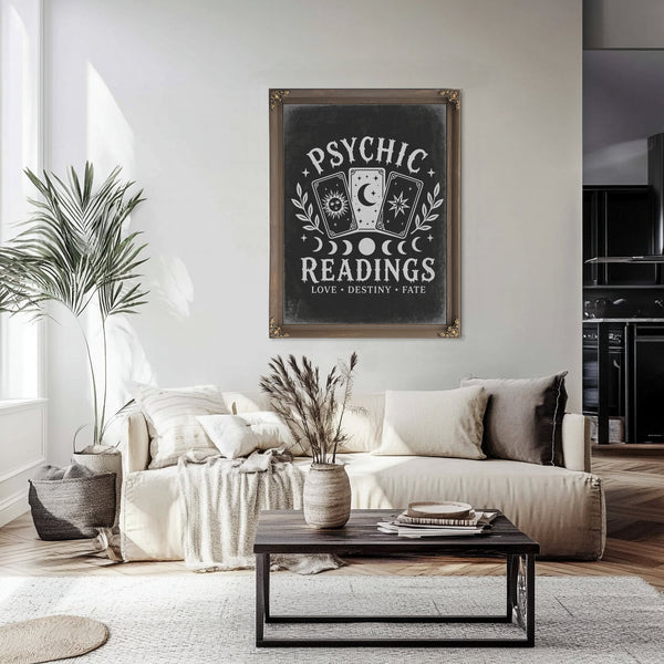 Psychic Readings Sign Halloween wall art in a styled room