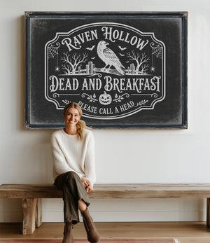 Raven Hollow Dead and Breakfast Sign Halloween wall art in a styled room