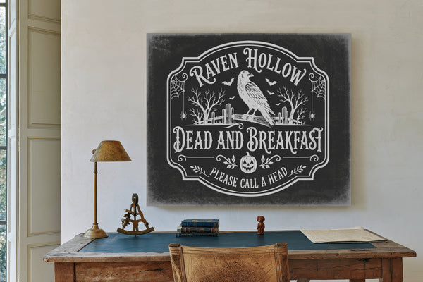 Raven Hollow Dead and Breakfast Sign Halloween wall art in a styled room