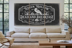 Raven Hollow Dead and Breakfast Sign Halloween wall art in a styled room