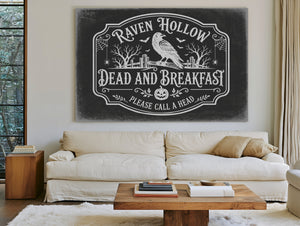 Raven Hollow Dead and Breakfast Sign Halloween wall art in a styled room