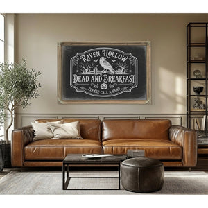 Raven Hollow Dead and Breakfast Sign Halloween wall art in a styled room