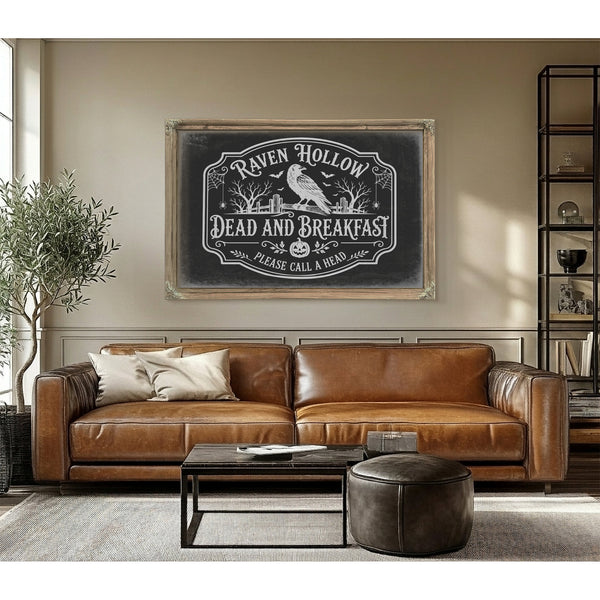 Raven Hollow Dead and Breakfast Sign Halloween wall art in a styled room