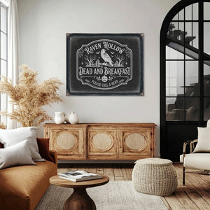 Raven Hollow Dead and Breakfast Sign Halloween wall art in a styled room