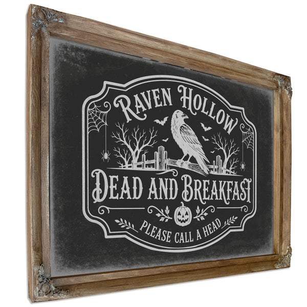 Raven Hollow Dead and Breakfast Sign Halloween wall art, Verdigris frame