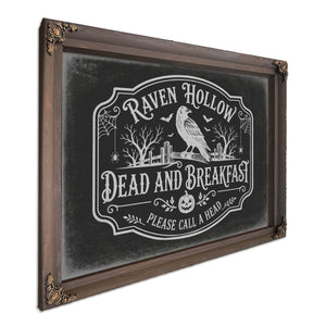 Raven Hollow Dead and Breakfast Sign Halloween wall art, Bourbon frame