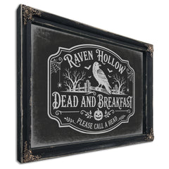 Raven Hollow Dead and Breakfast Sign Halloween wall art, Ebony frame