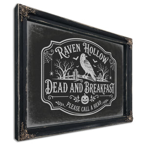 Raven Hollow Dead and Breakfast Sign Halloween wall art, Ebony frame