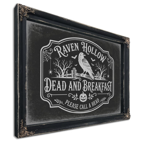 Raven Hollow Dead and Breakfast Sign Halloween wall art, Ebony frame