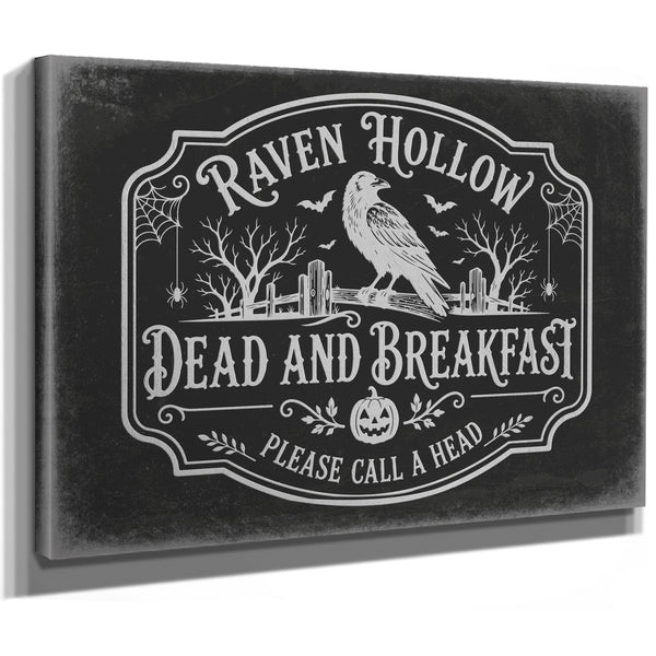 Raven Hollow Dead and Breakfast Sign Halloween wall art, stretched canvas