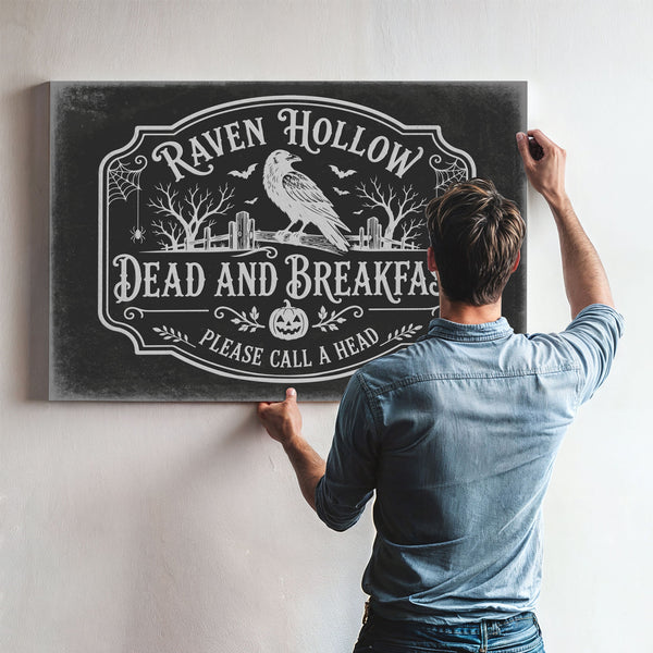 Raven Hollow Dead and Breakfast Sign Halloween wall art in a styled room