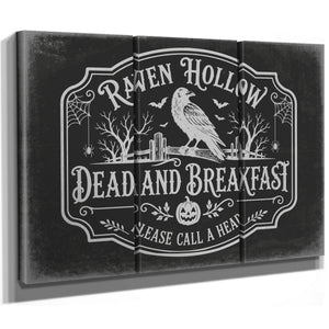 Raven Hollow Dead and Breakfast Sign Halloween wall art in a styled room