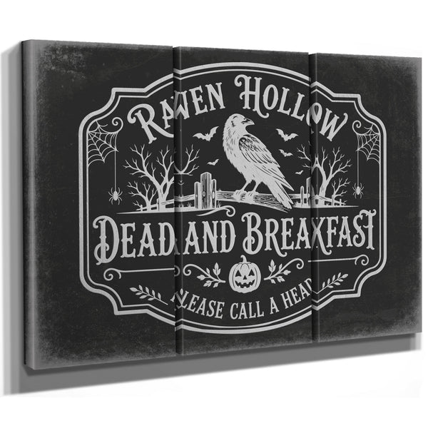 Raven Hollow Dead and Breakfast Sign Halloween wall art in a styled room