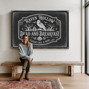 Raven Hollow Dead and Breakfast Sign Halloween wall art in a styled room