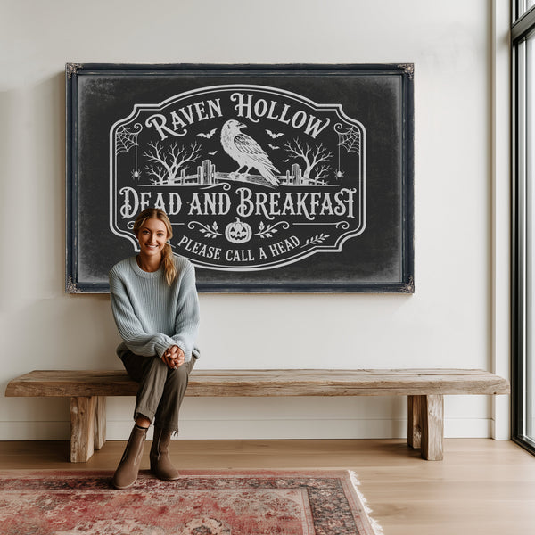 Raven Hollow Dead and Breakfast Sign Halloween wall art in a styled room