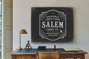 Salem Candle Co Sign Halloween wall art in a styled room